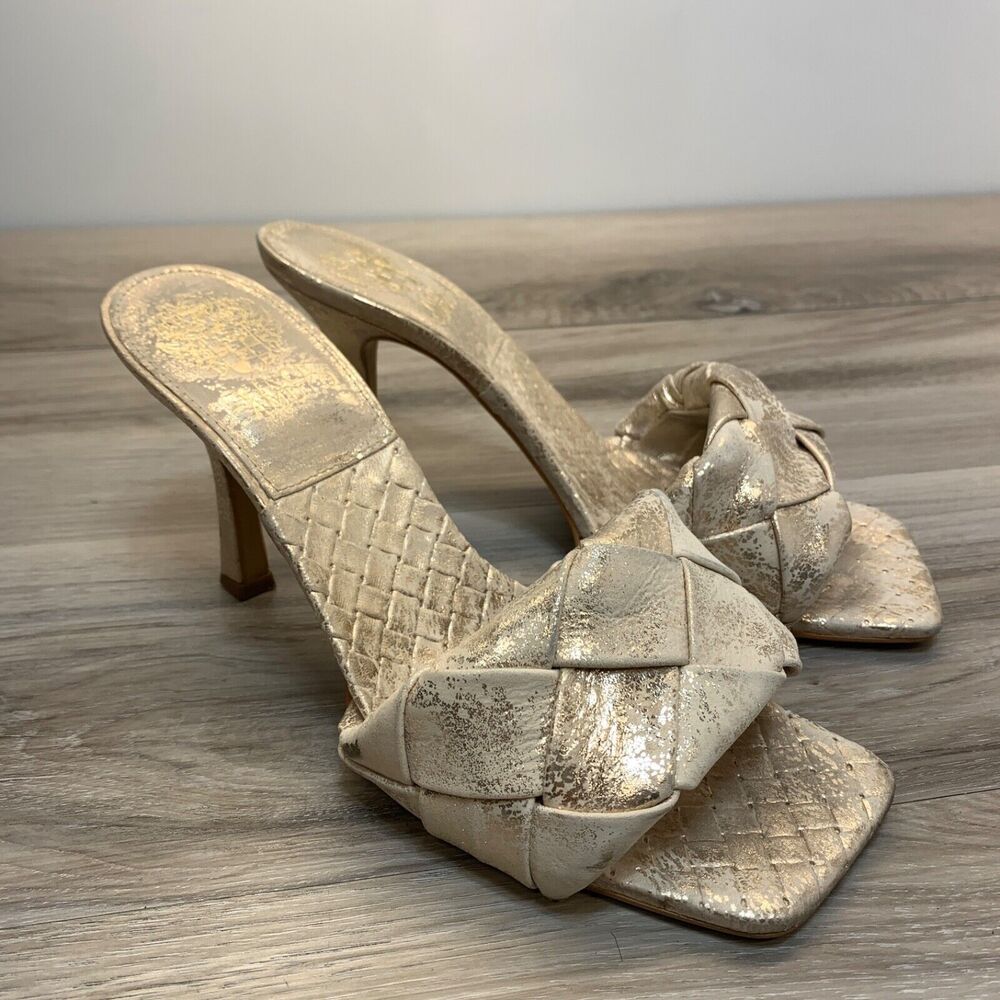 Vince Camuto Brelanie Woven Heel Sandal Square Toe - Gold Leather Size 8 38.5